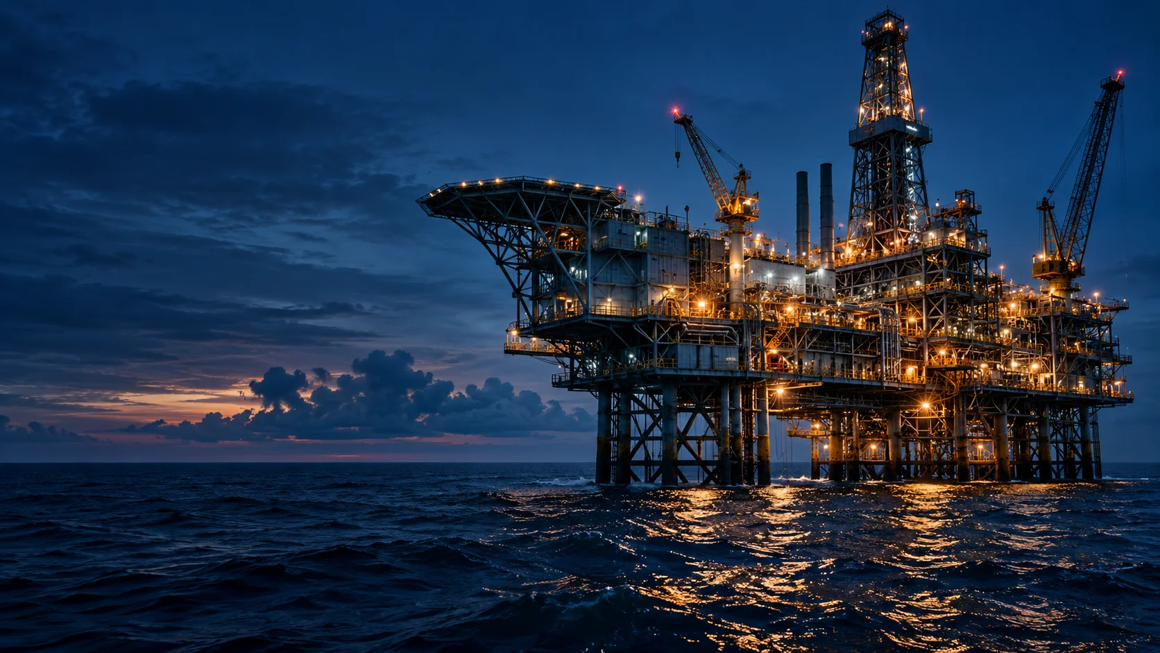 Ilustración de una plataforma offshore al anochecer